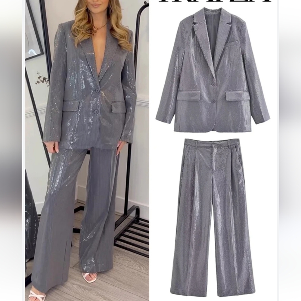 Zara SET Blazer & Pants Sequin Foil Menswear Style Gray